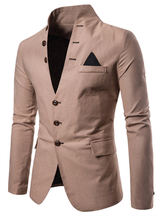 Men's Blazer Sport Jacket Sport Coat Thermal Warm Business Work Single Breasted Stand Collar Business Casual Jacket Outerwear Solid Color Color Block Pocket Khaki Red Navy Blue / Winter / Fall