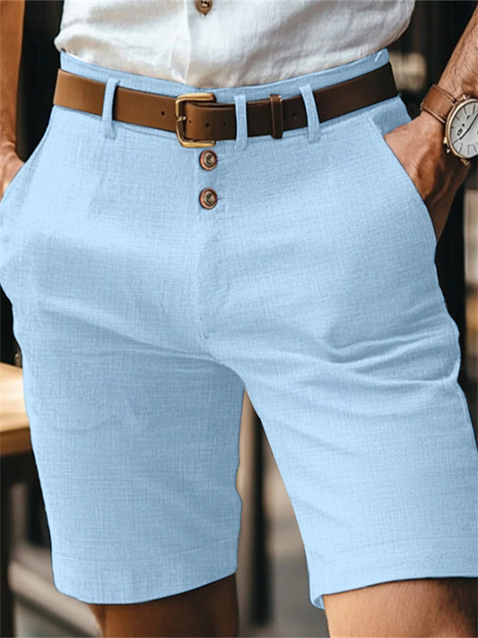 Men's Solid-Color Linen Summer Casual Straight-Leg 5-Inch Shorts with Buttons