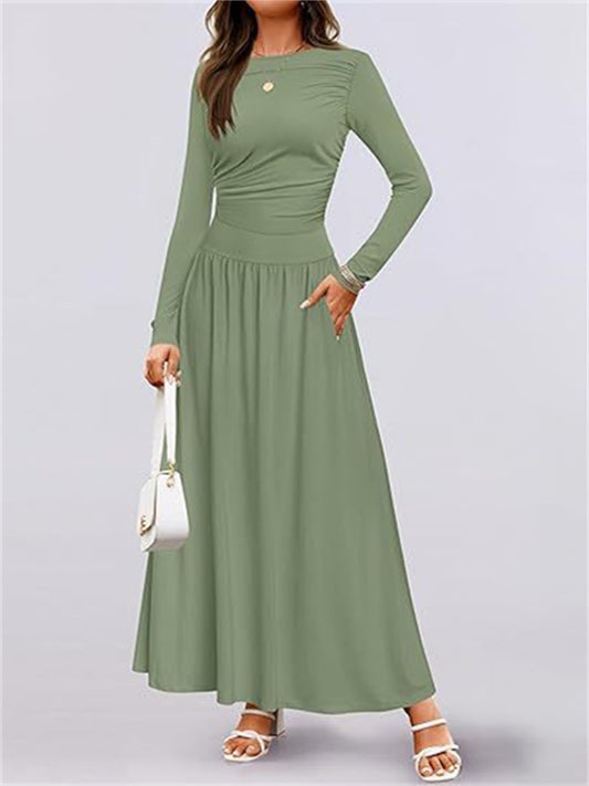Women's Crew Neck Pleated Slim-Fit Long Sleeve Knit Dress with Waist Cinching