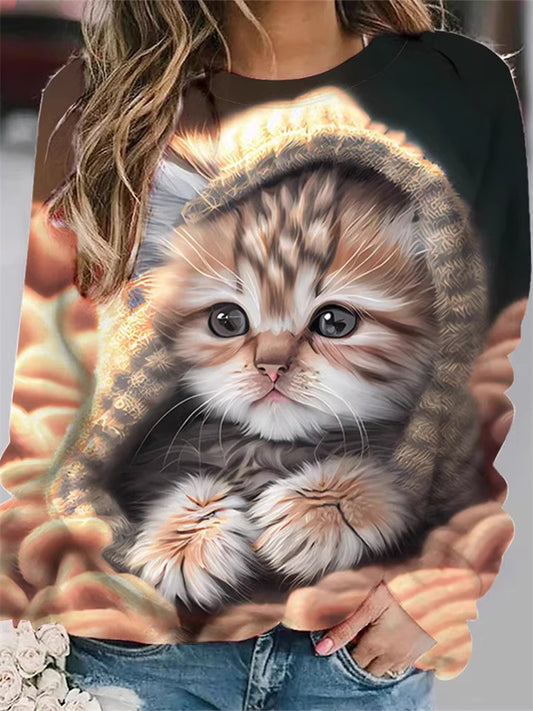 Women's Fall and Winter Cat Dog Pattern Loose 3D Printing Long-sleeved Round Neck Sweater