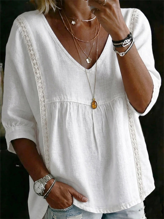 New Arrival Lace V-neck Solid Color Women's Casual 3/4-Sleeve Shirt