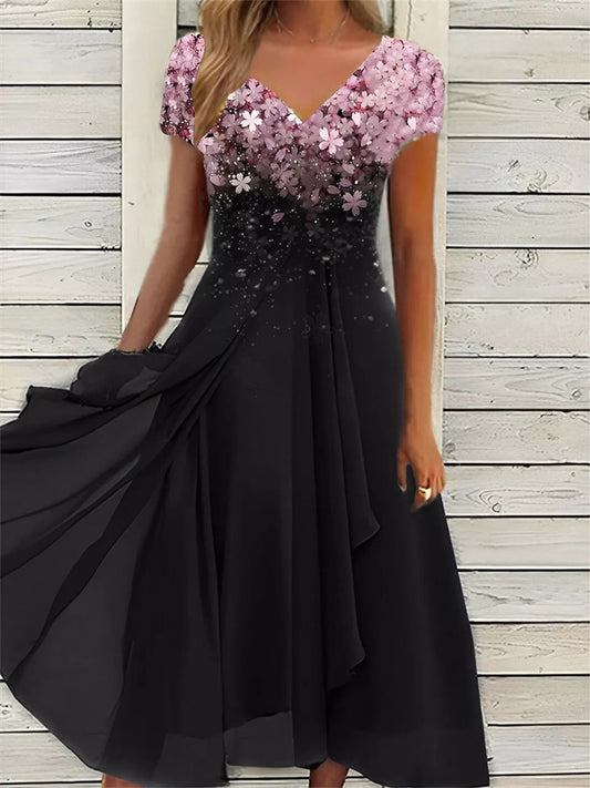 Women's Plus Size A Line Dress Floral V Neck Print Short Sleeve Winter Spring Elegant Midi Dress Daily Vacation Dress / Summer