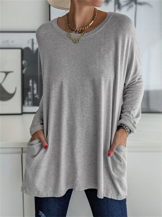 Women's Spring and Summer Solid Color New American Round Neck Long Sleeve Loose Pocket Solid Color T-shirt Casual Women's S,M,L,XL,XXL,3XL,4XL,5XL