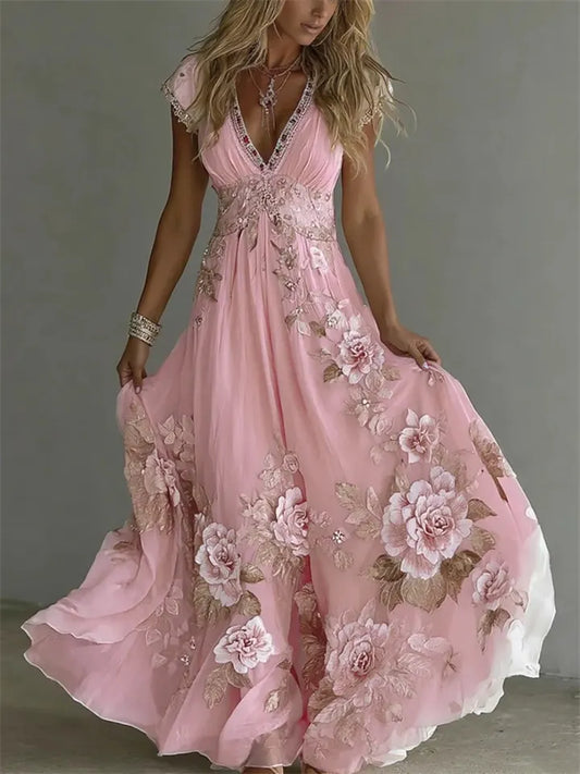 Women's New Summer Trendy Fashion Print V-neck Long Dress 22