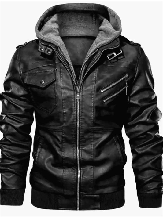 Autumn/Winter Casual Hooded Zipper Youth Black Stand-up Collar Men's Leather Jacket