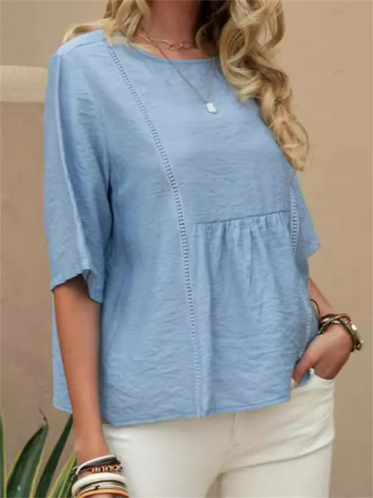 Women's Lace-Trimmed Openwork Cotton-Linen Casual Solid-Color Mid-Sleeve Blouse