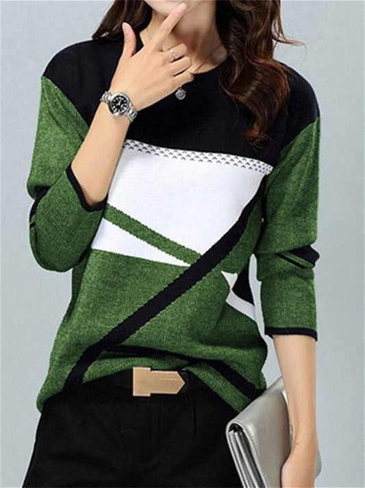Women's T shirt Tee Color Block Casual Weekend Painting T shirt Tee Long Sleeve Print Round Neck Basic Green Black Blue S / 3D Print