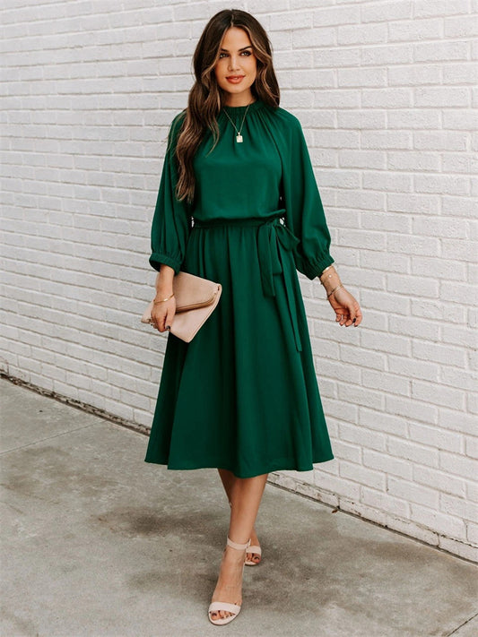 Women's Round Neck Waist Solid Color Dress