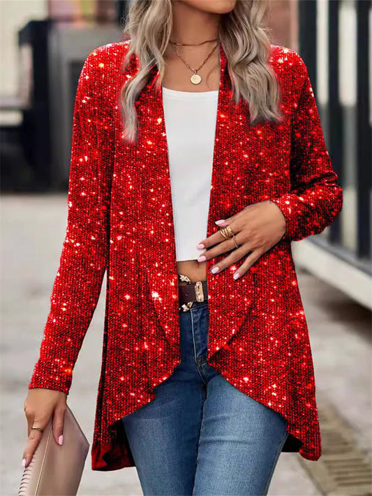 Women's Christmas Heavy-Duty Sequined Solid Color Fashion Casual Asymmetric Jacket