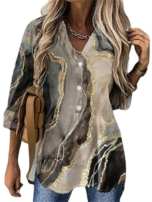 Women's Blouse Shirt Khaki Flower Button Print Long Sleeve Daily Weekend Streetwear Casual V Neck Regular S / 3D Print