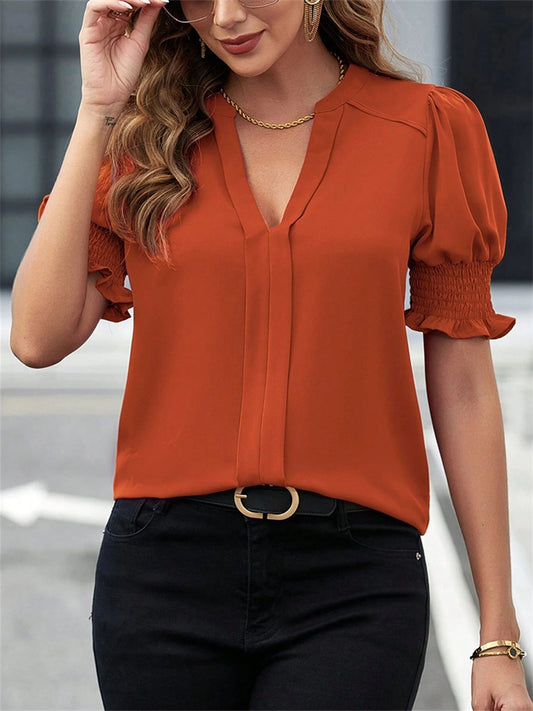 Women's New Summer V-neck Elegant Puffed-Sleeve Solid-Color Shirt