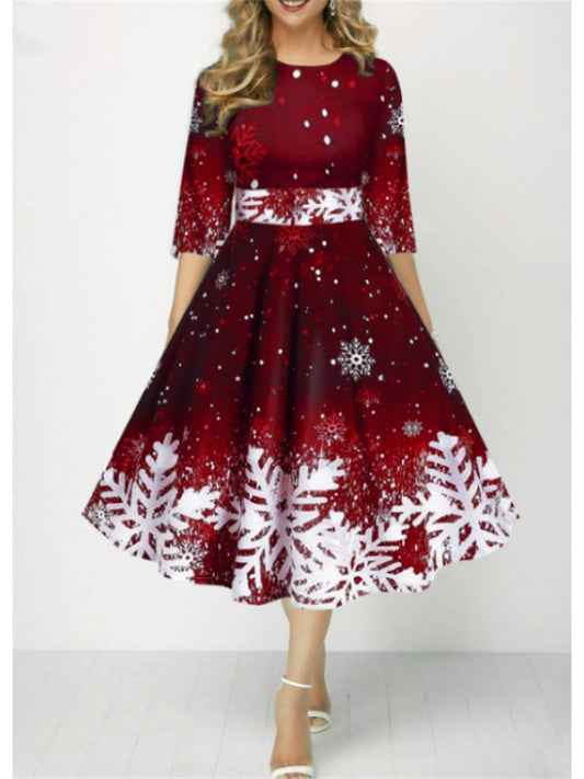 Christmas Women's New Fashion Snowflake Print Mid-Sleeve Waist-Defining Dress