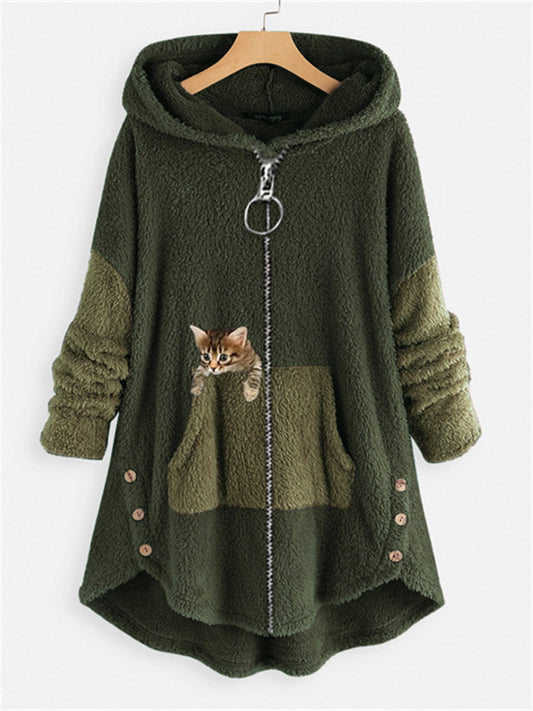 Women's Plus Size Teddy Coat Animal Cat Causal House Long Sleeve V Wire Regular Fall Winter Green Pink Dark Gray L XL XXL 3XL 4XL / Loose Fit