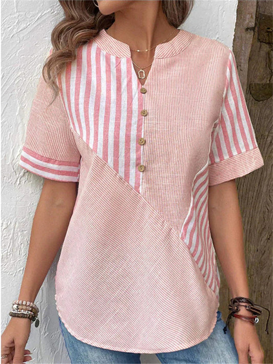 Plus Size Women's V-neck Shirt with Asymmetrical Striped Patchwork Cotton-Linen Top
