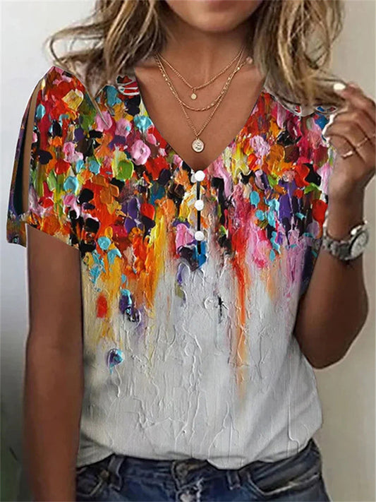 Women's Summer Ethnic Style Printed Short-sleeved Blouse V Neck Literary Retro Printed Blouse