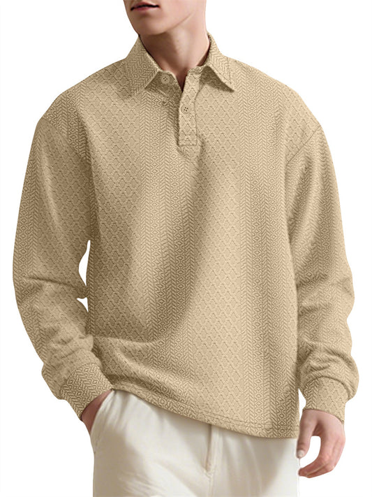 Men's Textured Jacquard Solid Color New Polo-Style Collared Long Sleeve Oversized Sweatshirt