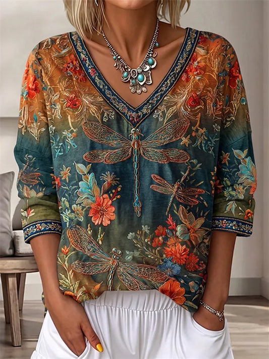 Women's Summer V-Neck Mid-Sleeve Casual 3D-Printed T-Shirt 2