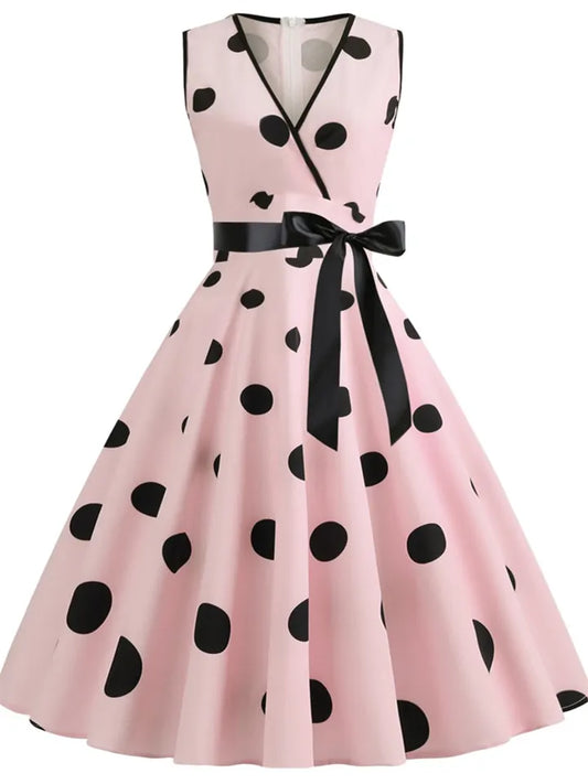 Women's Summer V-neck Sleeveless Polka Dot Tie-Waist Retro Full-Skirt Dress