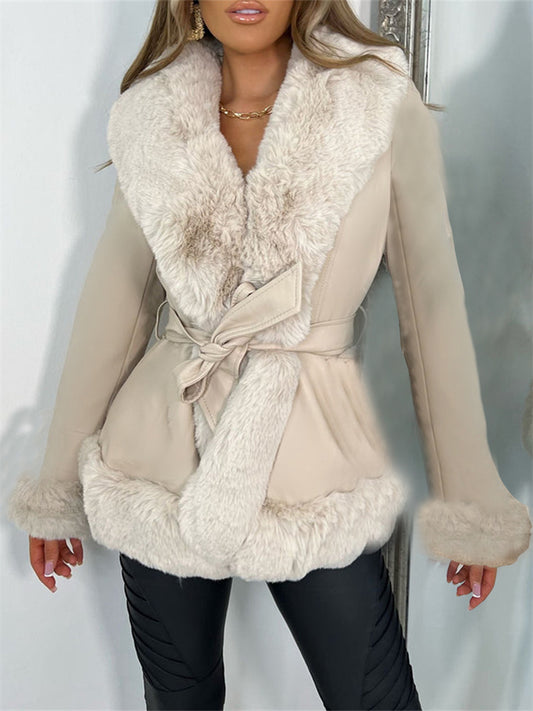 Autumn and Winter Models PU Leather Big Fur Collar Tie Waist Ladies Leather Jacket Splicing Slim Long-sleeved Coat Women's Clothing