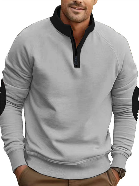 Men's New Arrival Color-Blocked Fall/Winter Casual Hoodie with Fleece Lining Stand Collar Half-Zip Long Sleeve