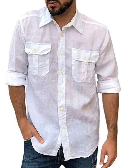 Men's Cotton Linen Material Long-sleeved Shirt Casual Men's Top White Blue Black Khaki Color