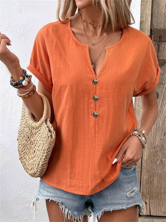 New Summer Women's Button-Down V-Neck Batwing Sleeve T-Shirt