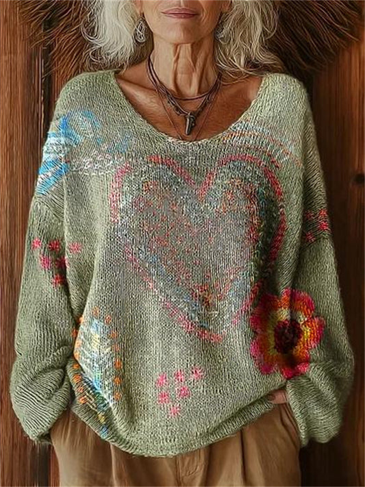 New Women's Patterned Background Print Crew Neck Sweater-Style T-shirt
