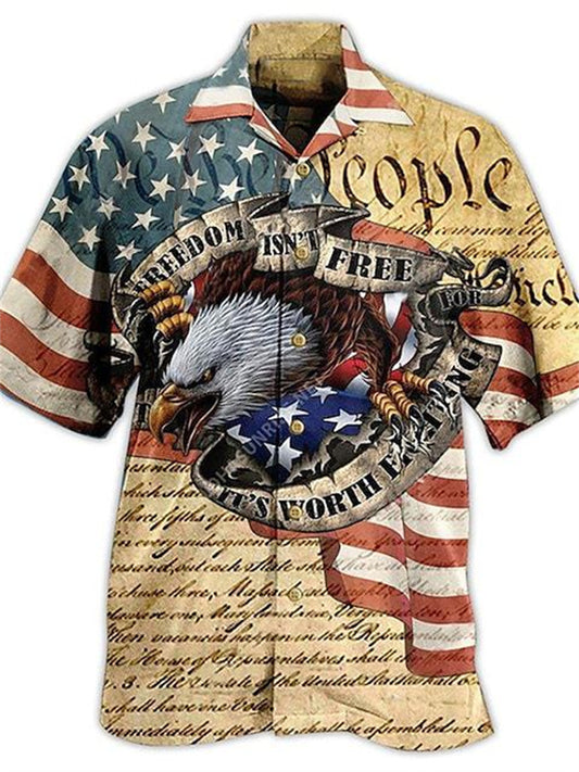 Men's Shirt Summer Hawaiian Shirt Graphic Prints Eagle American Flag Turndown Black White Yellow Light Green Pink Casual Hawaiian Short Sleeve Button-Down Print Clothing Apparel Tropical Fashion