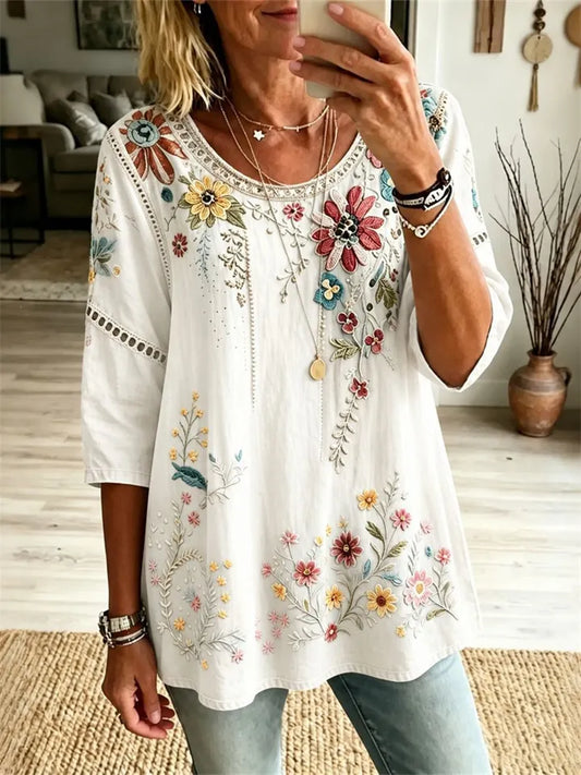 New Summer Women’s Henley Top Bohemian Openwork 3/4-Sleeve Printed Top
