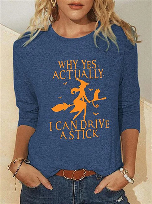 Women's T shirt Tee Blue Red Black Graphic Text Print Long Sleeve Halloween Weekend Basic Round Neck Regular Painting