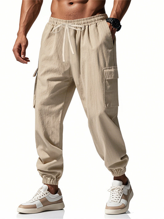 Men's New Cotton and Linen Casual Tie Rope Solid Color Loose Large Size Work Pants
