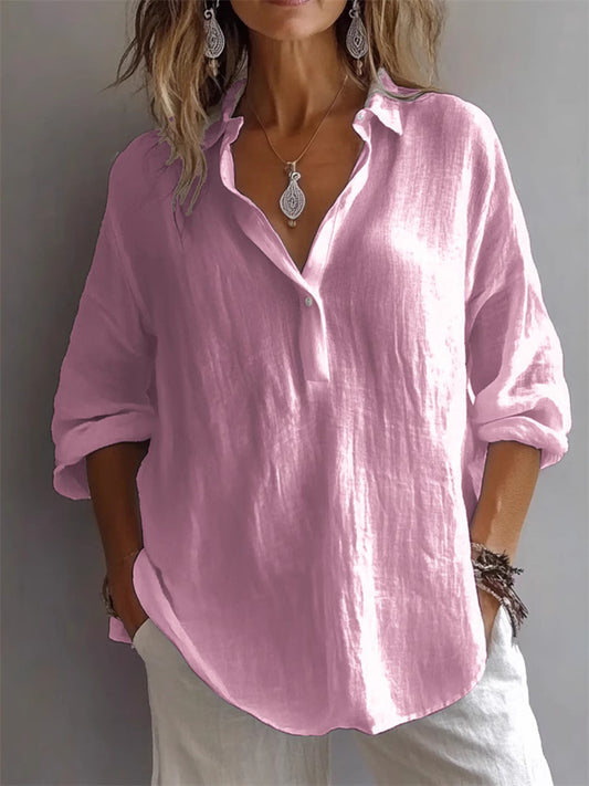 Women's Summer Solid Color Casual Loose Long-sleeved Linen V-neck Shirt