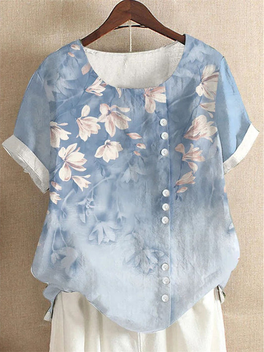 Women's Shirt Blouse White Light Green Royal Blue Floral Print Short Sleeve Casual Holiday Basic Round Neck Regular Floral S
