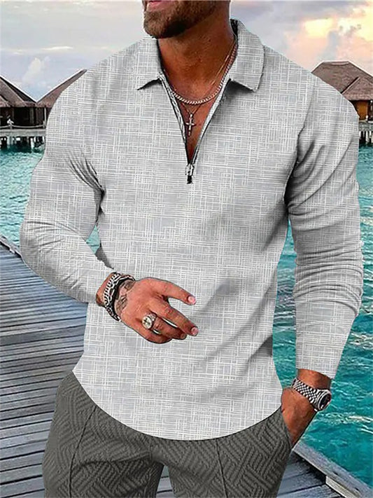 Men's Polo Shirt Golf Shirt Plaid Turndown Black Army Green Red Royal Blue Blue Outdoor Street Long Sleeve Zipper Print Clothing Apparel Fashion Designer Casual Breathable