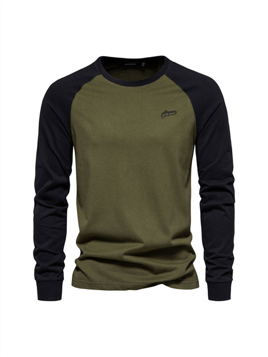 Badge Round Neck Plunge Sleeve Solid Color Men's Bottom Shirt Long-sleeved Spliced T-shirt Men's Casual Men's Cotton T-shirt Shirt
