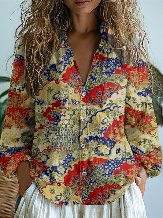 New Women's Shirt Blouse V-neck Printed Lingerie Hemp Fabric Shirt