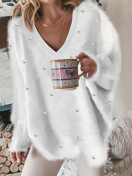 Autumn and Winter New Explosive Models V-neck Beaded Solid Color Sweater Women's Tops