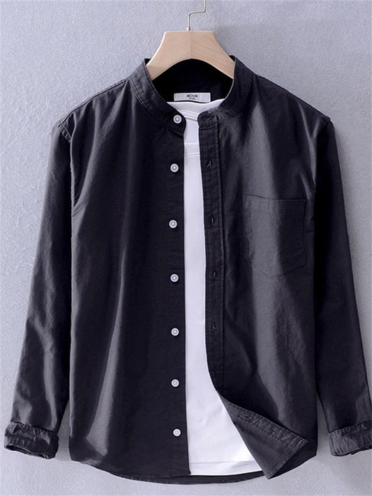 Men's Dress Shirt Collarless Shirt Oxford Shirt Sea Blue White Yellow Long Sleeve Plain Stand Collar Spring & Fall Wedding Outdoor Clothing Apparel