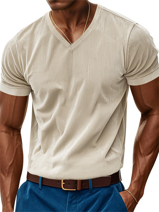 American-Style Relaxed Fit Men's Corduroy V-Neck Short Sleeve T-Shirt