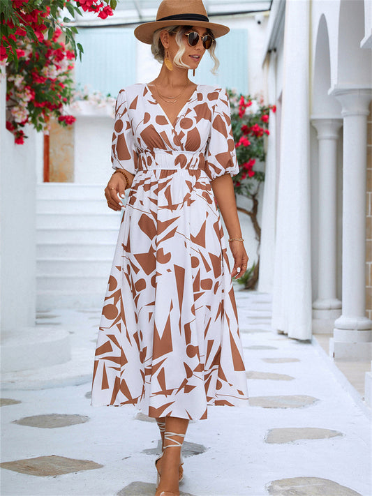 A-line Dress Temperament Commuter V-neck Print Bubble Sleeve Dress Apricot Black Orange S M L XL