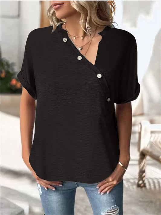 Spring and Summer Women's New V-neck Tops Solid Color Diagonal Twist Button Fashion Loose Type Short-sleeved Women
