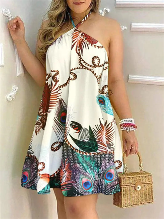 Summer Strapless Neckline Lace-up Loose Printed Women's Dresses