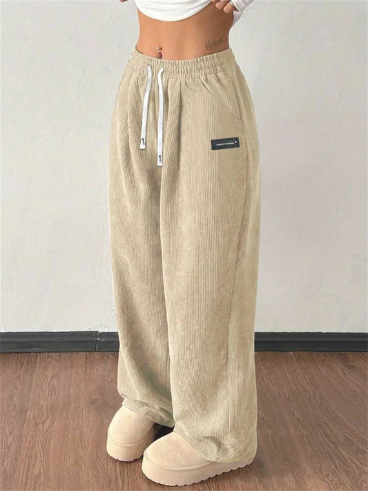 Women's New Fall/Winter Loose-Fit Drawstring Solid-Color Corduroy Casual Pants