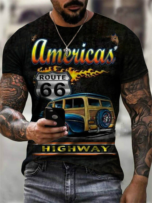 Summer New U.S. Route 66 Loose Casual Printing Men's Round Neck Short Sleeve Tops T-shirt