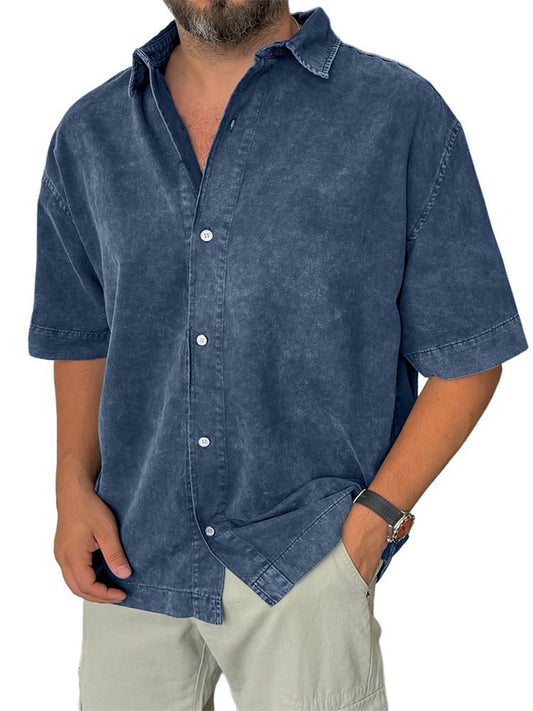New Fall Men’s Retro Casual Notched-Collar Solid-Color Short-Sleeve Shirt