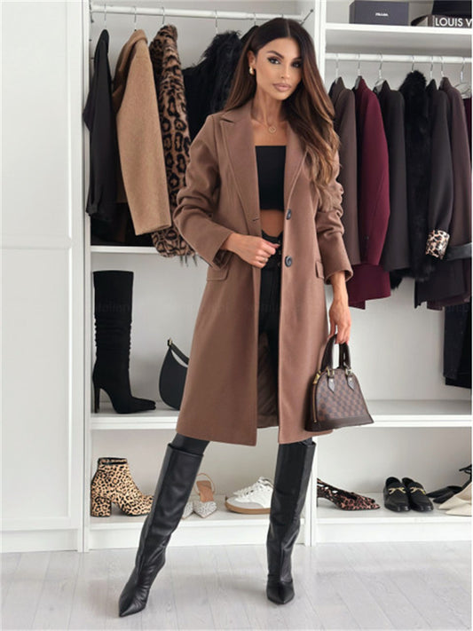 Women's Fall/Winter Minimalist Long-Sleeve Solid Color Wool Blend Collared Mid-Length Coat