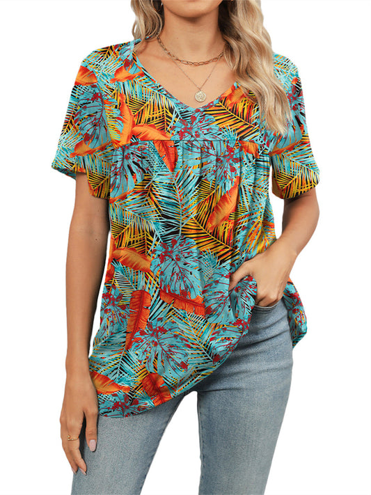 Women's Summer New V-neck Printed Short-sleeved T-shirt Pleated Tops
