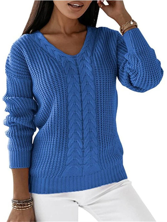 New Women's Sweater Women's Long-sleeved V-neck Solid Color Twist Casual Knitted Sweater