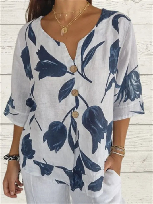 Women's New Summer Arrival Printed Cotton-Linen V-Neck 3/4-Sleeve Button-Down Shirt