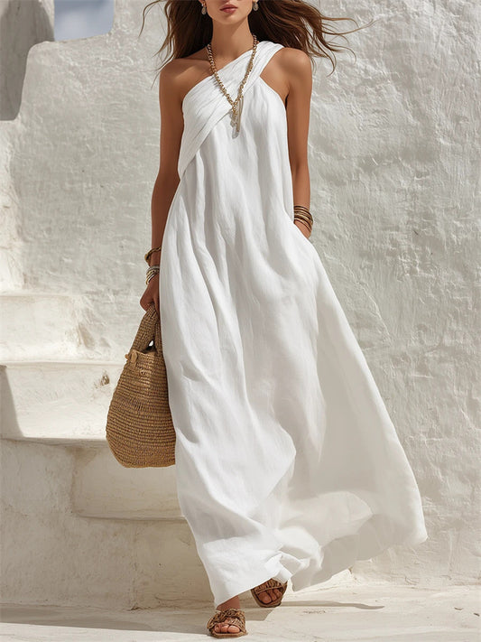 New Summer Women’s Fashionable Sleeveless Off-the-Shoulder Backless Solid-Color Dress